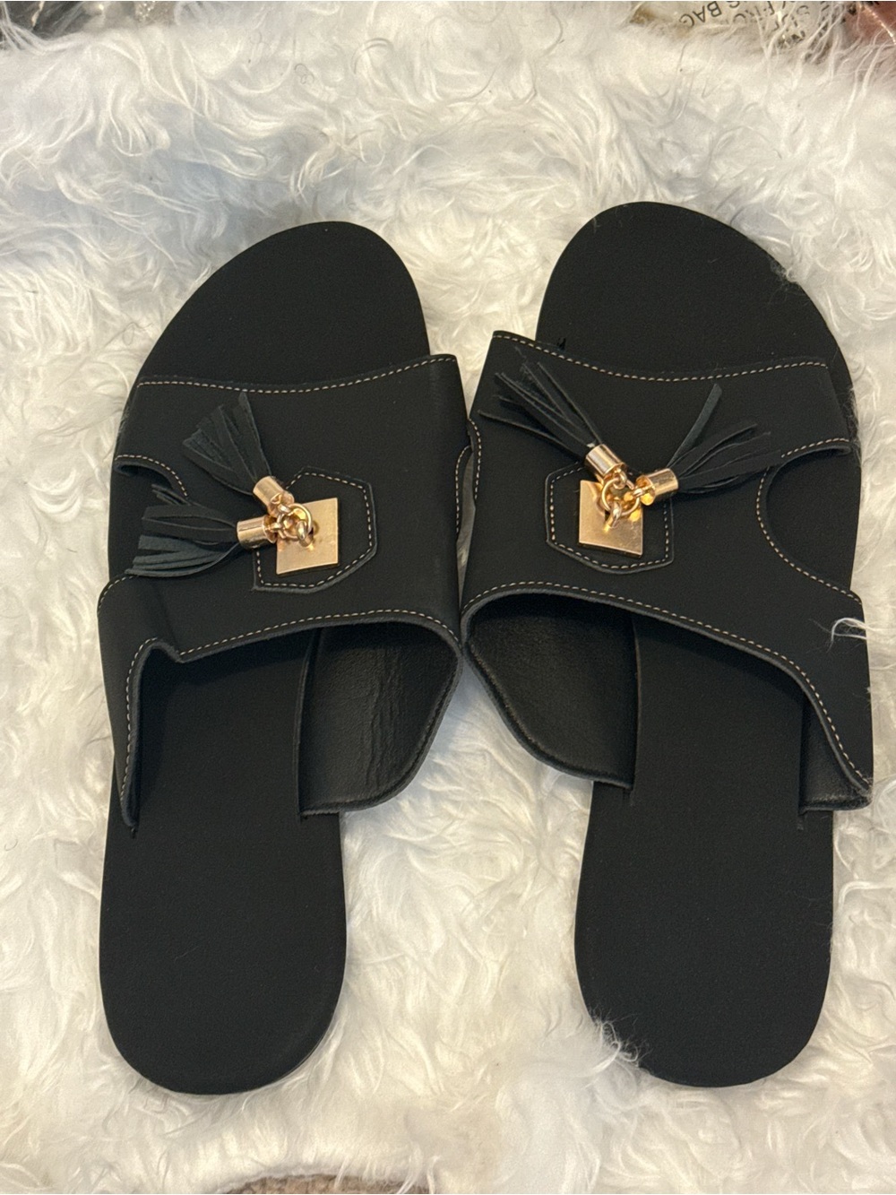 Black Slide Sandals with Gold Tassel Accent - Women